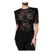 Zwarte Bloemenkant Blouse Top Dolce & Gabbana , Black , Dames