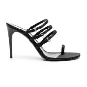 Satin Sandalen met Strass Logo Saint Laurent , Black , Dames