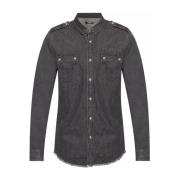 Denim Shirt met Franje Afwerking Balmain , Black , Heren