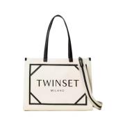 Canvas Shopper Tas met Logo Twinset , Beige , Dames