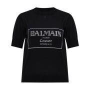 Gebreid T-shirt met bedrukt logo Balmain , Black , Dames