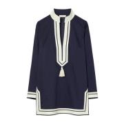 Blauw Katoen U-Hals Shirt Kwast Tory Burch , Blue , Dames