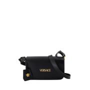 Zwarte Leren Crossbody Tas met Ketting Versace , Black , Dames