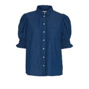 Donkerblauwe Gewassen Blouse met Pofmouwen Ichi , Blue , Dames