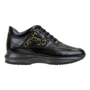 Luipaardprint Leren Vetersneakers Hogan , Black , Dames