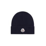 Blauwe Ribgebreide Beanie Donkerblauw Moncler , Blue , Heren