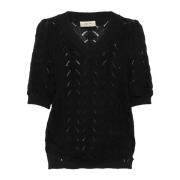 Zwarte Gebreide Blouse met Korte Mouwen Cream , Black , Dames