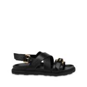 Zwarte Leren Gesp Detail Sandalen Moschino , Black , Heren