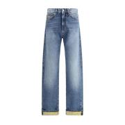 Gestreepte hoge taille jeans met Barocco revers Versace , Blue , Heren