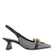 Leren en stoffen slingback-pumps met raffia-effect Lodi , Black , Dame...