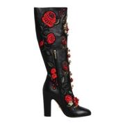 Zwarte Bloemversierde Kniehoge Laarzen Dolce & Gabbana , Multicolor , ...