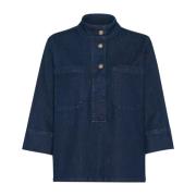 Denim blouse met ¾ mouwen en borstzakken My Essential Wardrobe , Blue ...