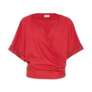 Rode V-hals T-shirts en Polos Brunello Cucinelli , Red , Dames