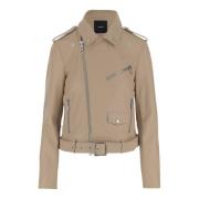 Leren Bikerjack met Metalen Knopen Pinko , Beige , Dames