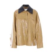 Beige Resin Linen Coat met leren kraag Jil Sander , Beige , Dames