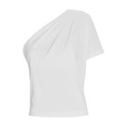 Een-schouder geplooide witte katoenen T-shirt Gauge81 , White , Dames