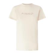 Geborduurd Logo Katoenen Jersey T-shirt Pinko , Beige , Dames