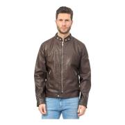 Bruine Leren Jas Fullzip Knopen Zakken YES ZEE , Brown , Heren