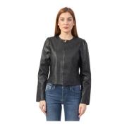 Zwarte leren jas met strepen YES ZEE , Black , Dames