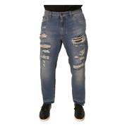 Versleten Cropped Denim Jeans met Rits Dolce & Gabbana , Blue , Heren