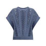 Geperforeerde Kantgebreide Vest Brunello Cucinelli , Blue , Dames