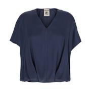 Blauwe Zijde Blend V-hals Top met Gedrapeerde Mouwen Semicouture , Blu...