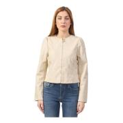 Beige Leren Jas met Strepen YES ZEE , Beige , Dames