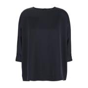 Blauwe Satijnen Blouse Driekwart Mouwen Plain Units , Blue , Dames