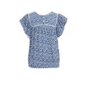 WE Fashion top met all over print blauw/wit Meisjes Viscose Ronde hals...