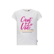 Retour Jeans T-shirt Zoey met tekst wit/fuchsia Meisjes Biologisch kat...