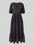 Midi-jurk van een mix van katoen en linnen met V-hals