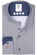 R2 overhemd mouwlengte 7 blauw beige geprint slim fit katoen